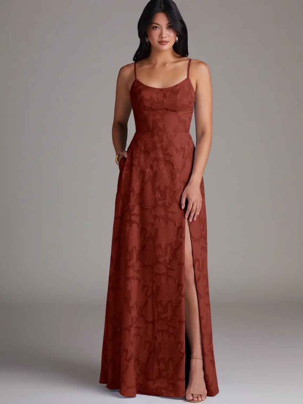 Azazie Rust Floral Jacquard Spaghetti-Strap Gown